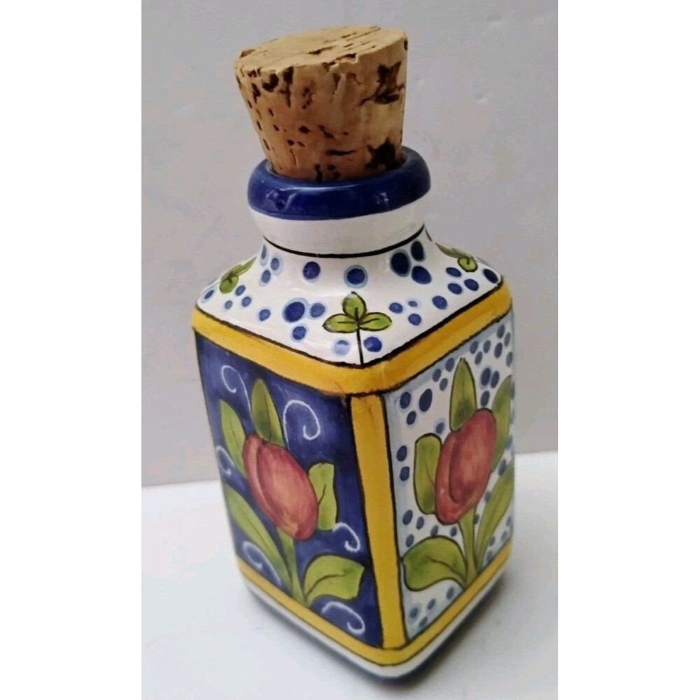 Ceramiche Giacomini Deruta Italy Hand Painted Ceramic Oil Cruet Bottle Cork
